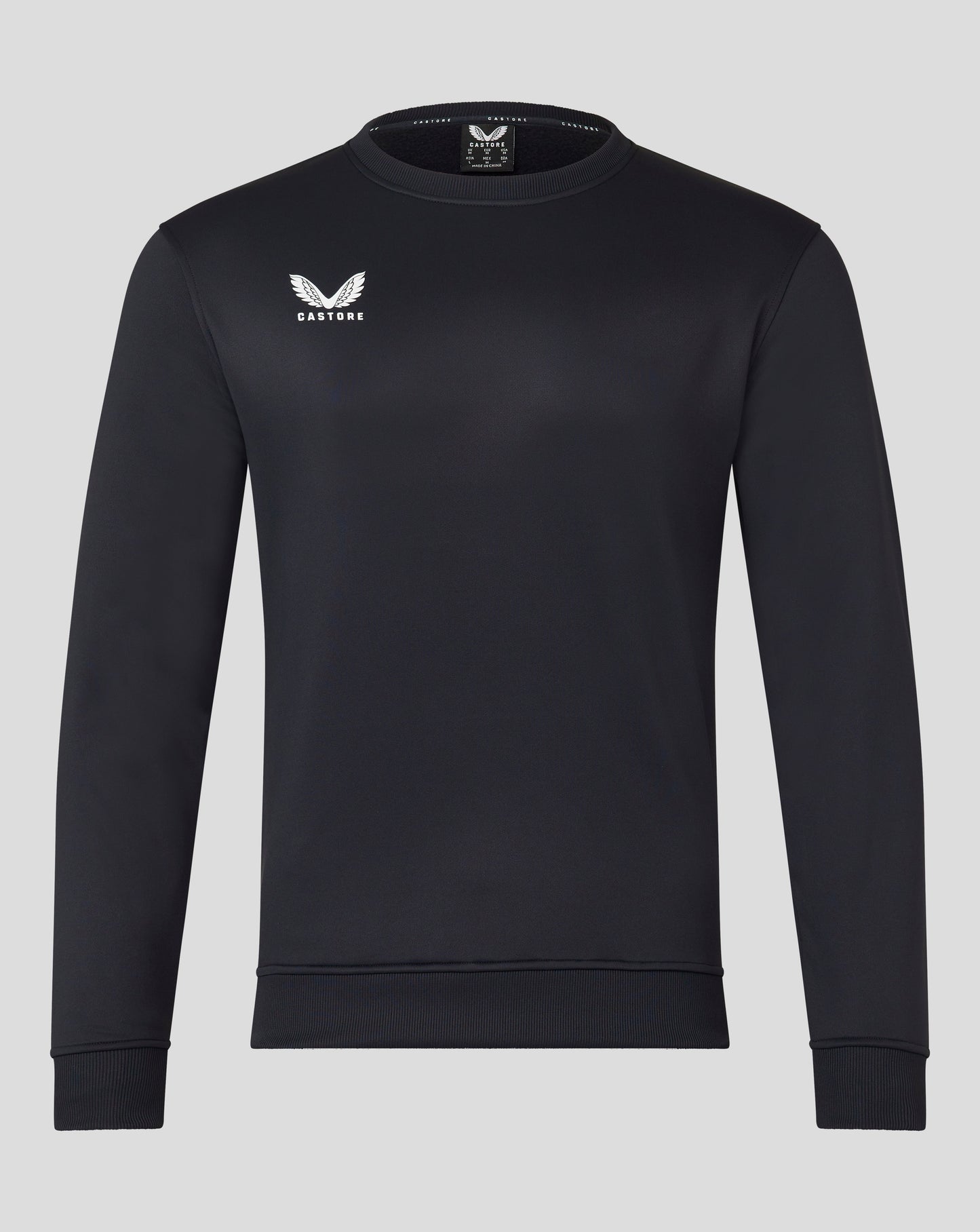 Front view of black Mens Brushback Sweatshirt with white wing Castore logo on left chest
