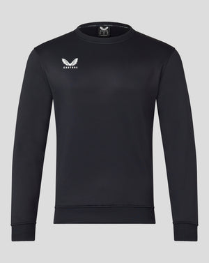 Front view of black Mens Brushback Sweatshirt with white wing Castore logo on left chest