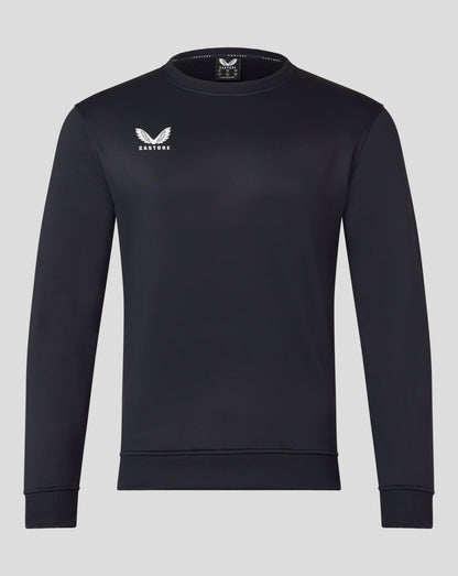 Front view of black Mens Brushback Sweatshirt with white wing Castore logo on left chest