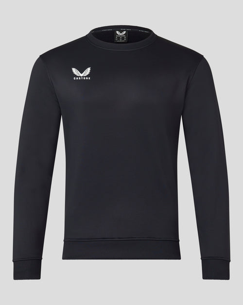 Front view of black Mens Brushback Sweatshirt with white wing Castore logo on left chest
