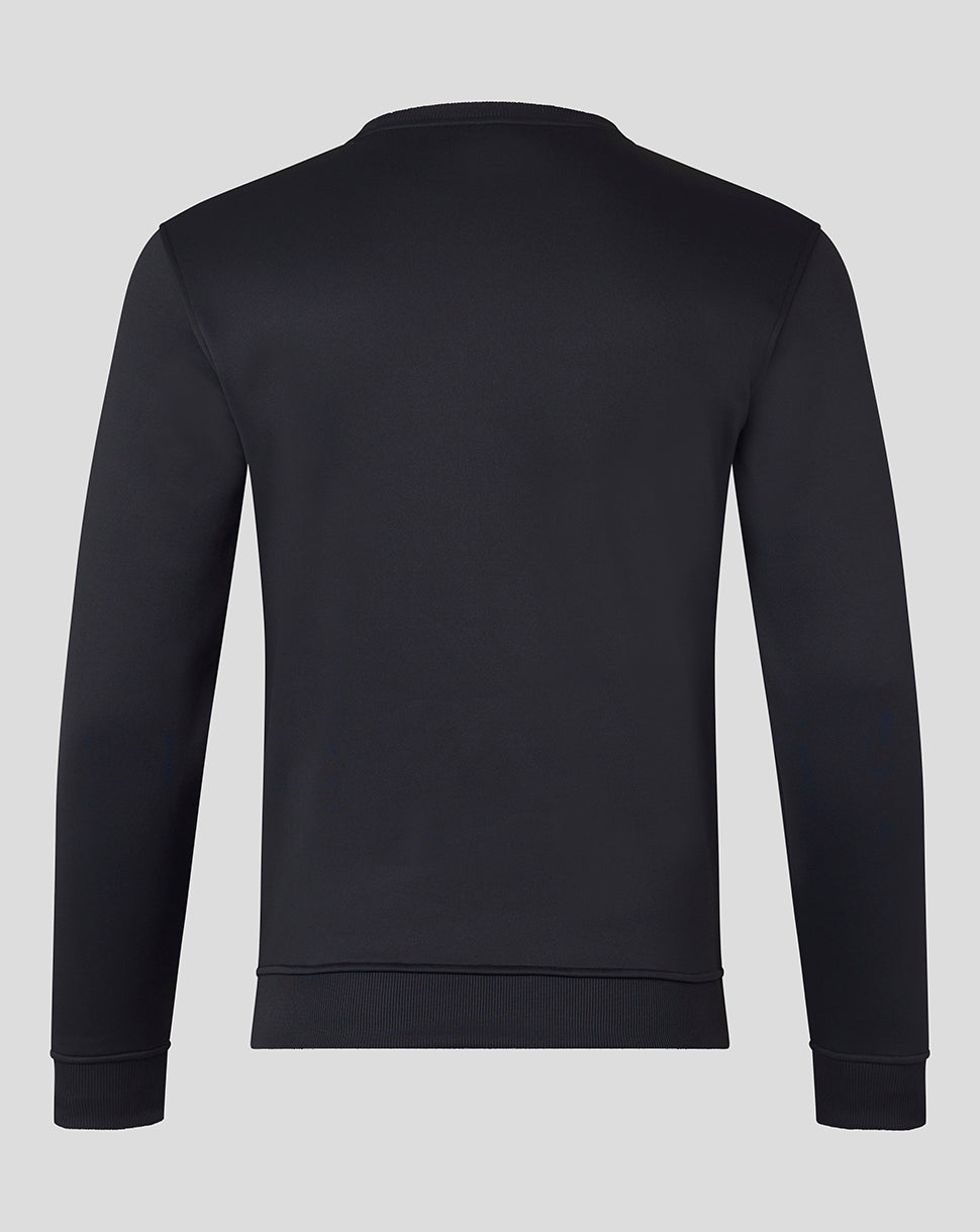 Back view of black Brushback Sweatshirt showing smooth back and ribbed hem
