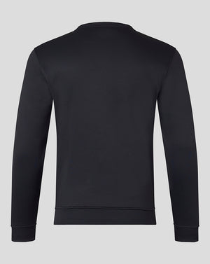 Back view of black Brushback Sweatshirt showing smooth back and ribbed hem
