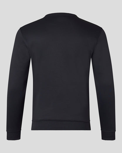Back view of black Brushback Sweatshirt showing smooth back and ribbed hem