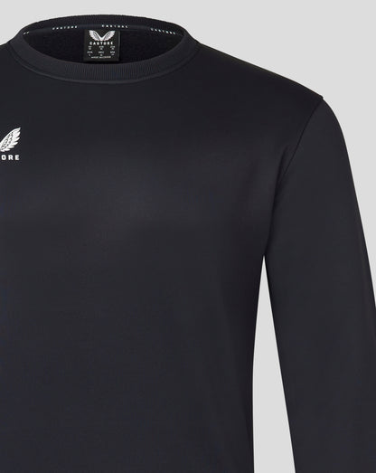 Close up of Mens Brushback Sweatshirt in Caviar showing ribbed crew neck and Castore logo on chest
