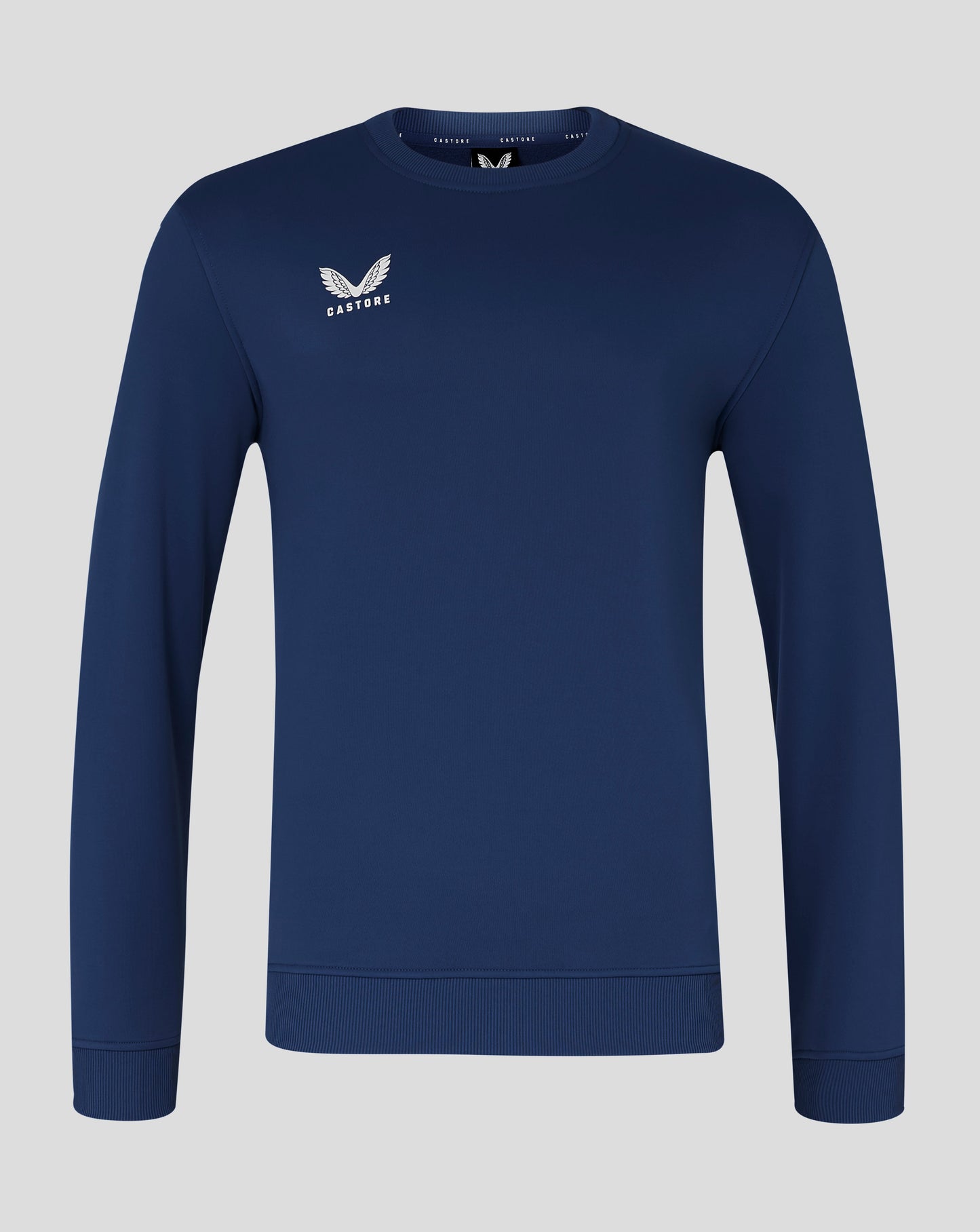 Navy blue mens brushback sweatshirt with a white winged Castore logo on the left chest