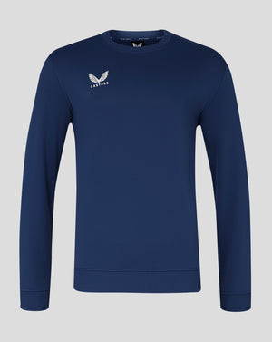 Navy blue mens brushback sweatshirt with a white winged Castore logo on the left chest