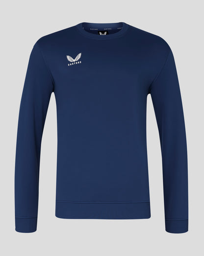 Navy blue mens brushback sweatshirt with a white winged Castore logo on the left chest