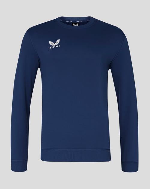 Navy blue mens brushback sweatshirt with a white winged Castore logo on the left chest