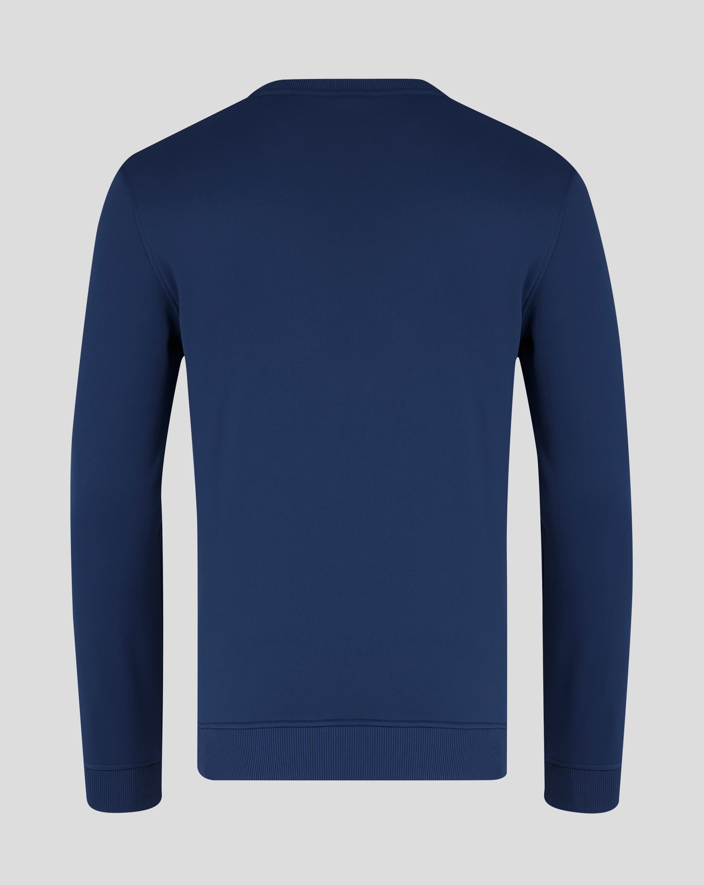 Back view of navy brushback sweatshirt showing CASTORE branding along the neckline and a small wing logo tag