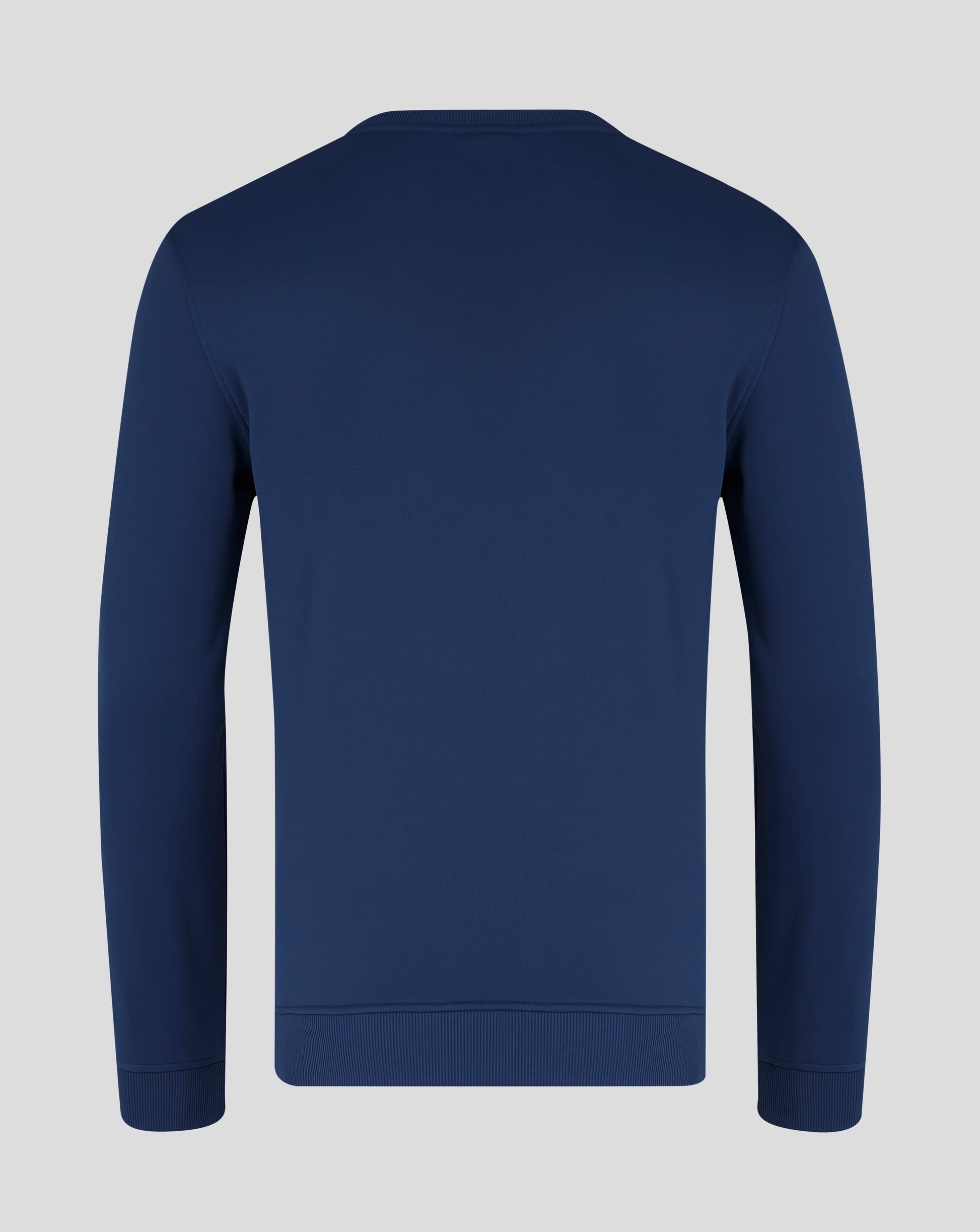 Back view of navy brushback sweatshirt showing CASTORE branding along the neckline and a small wing logo tag