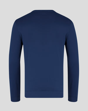 Back view of navy brushback sweatshirt showing CASTORE branding along the neckline and a small wing logo tag