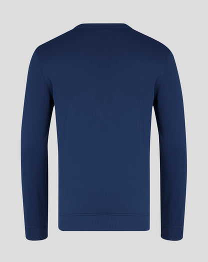 Back view of navy brushback sweatshirt showing CASTORE branding along the neckline and a small wing logo tag