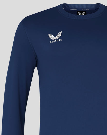 Close up of navy brushback sweatshirt displaying a white wing logo and CASTORE text on the left chest