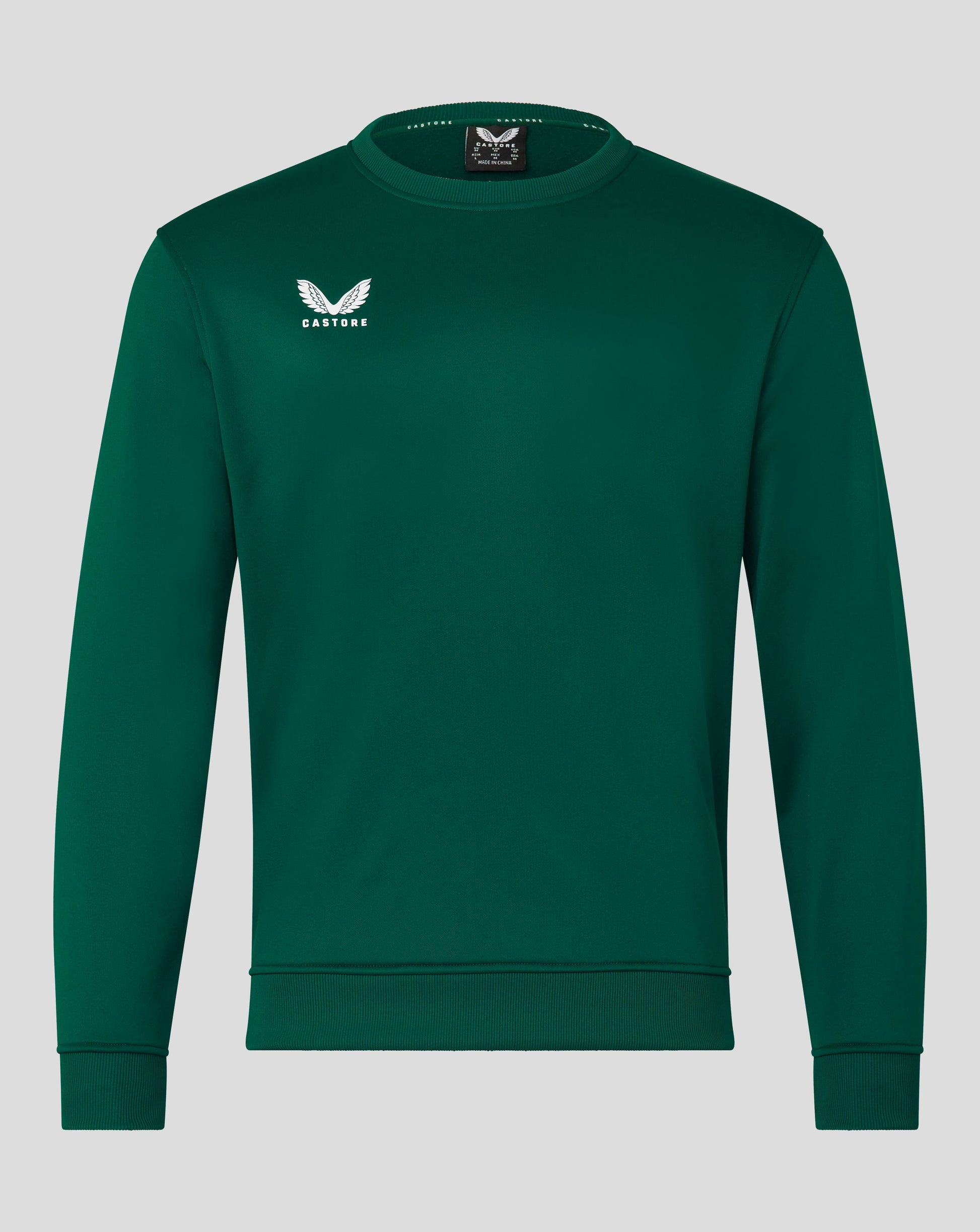 Front view of green botanical garden brushback sweatshirt with small white Castore wing logo on the left chest
