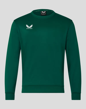 Front view of green botanical garden brushback sweatshirt with small white Castore wing logo on the left chest