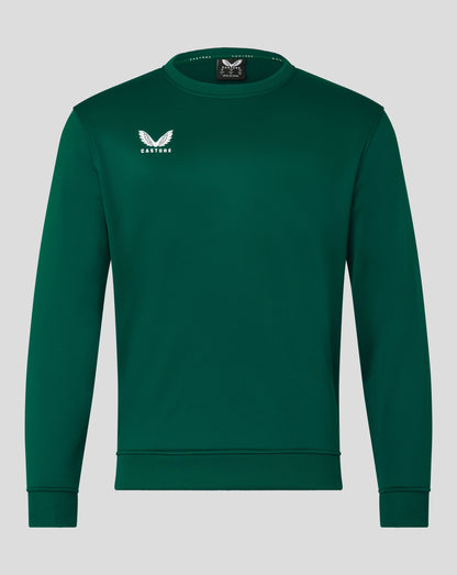Front view of green botanical garden brushback sweatshirt with small white Castore wing logo on the left chest