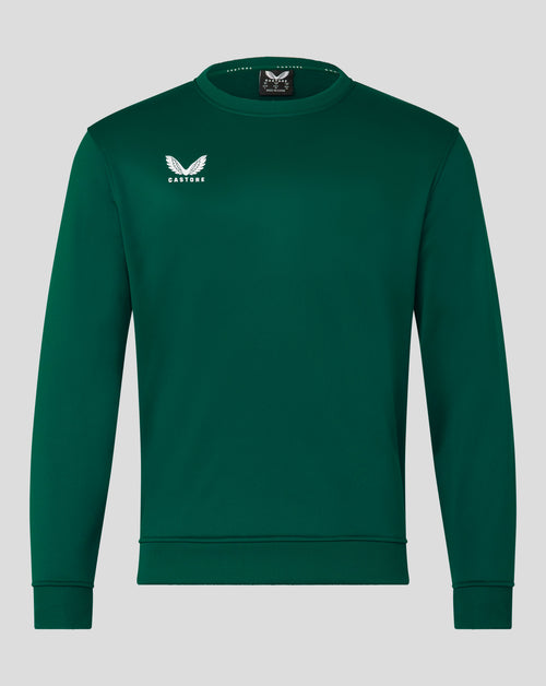 Front view of green botanical garden brushback sweatshirt with small white Castore wing logo on the left chest