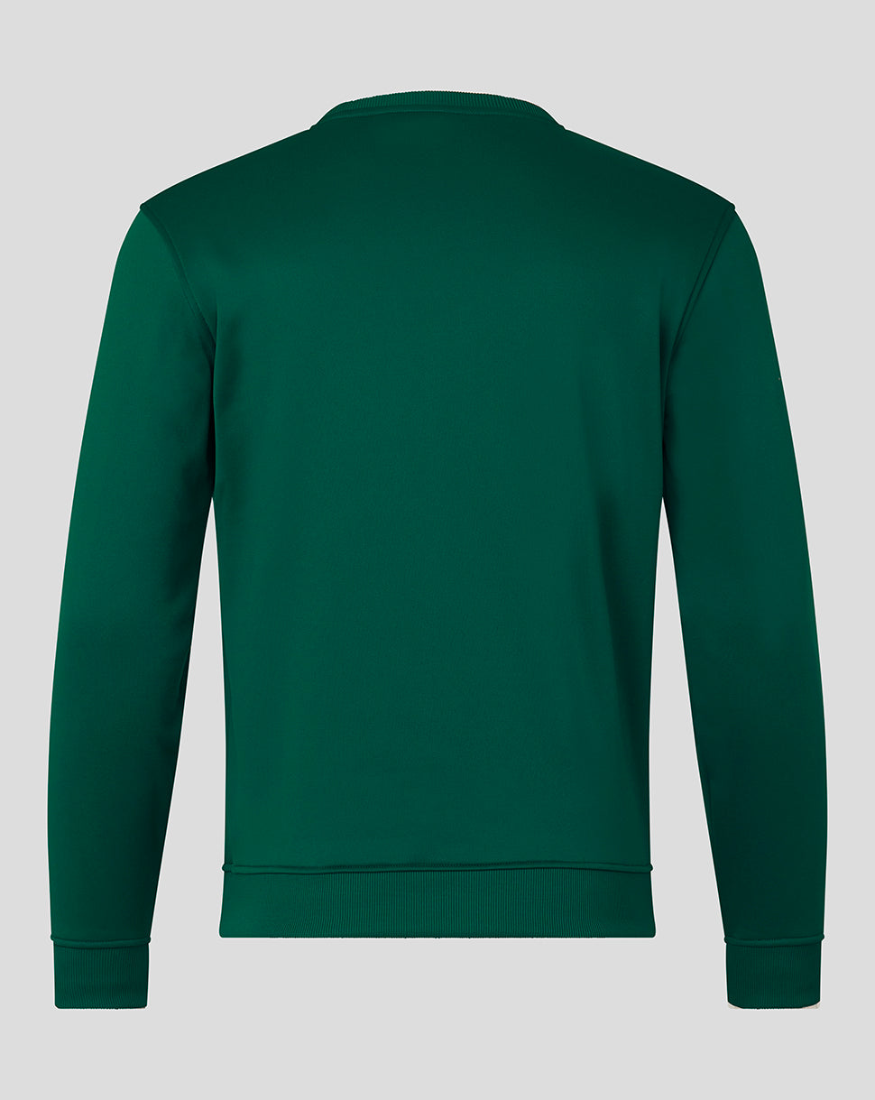 Back view of green Mens Brushback Sweatshirt Botanical Garden showing ribbed cuffs and hem