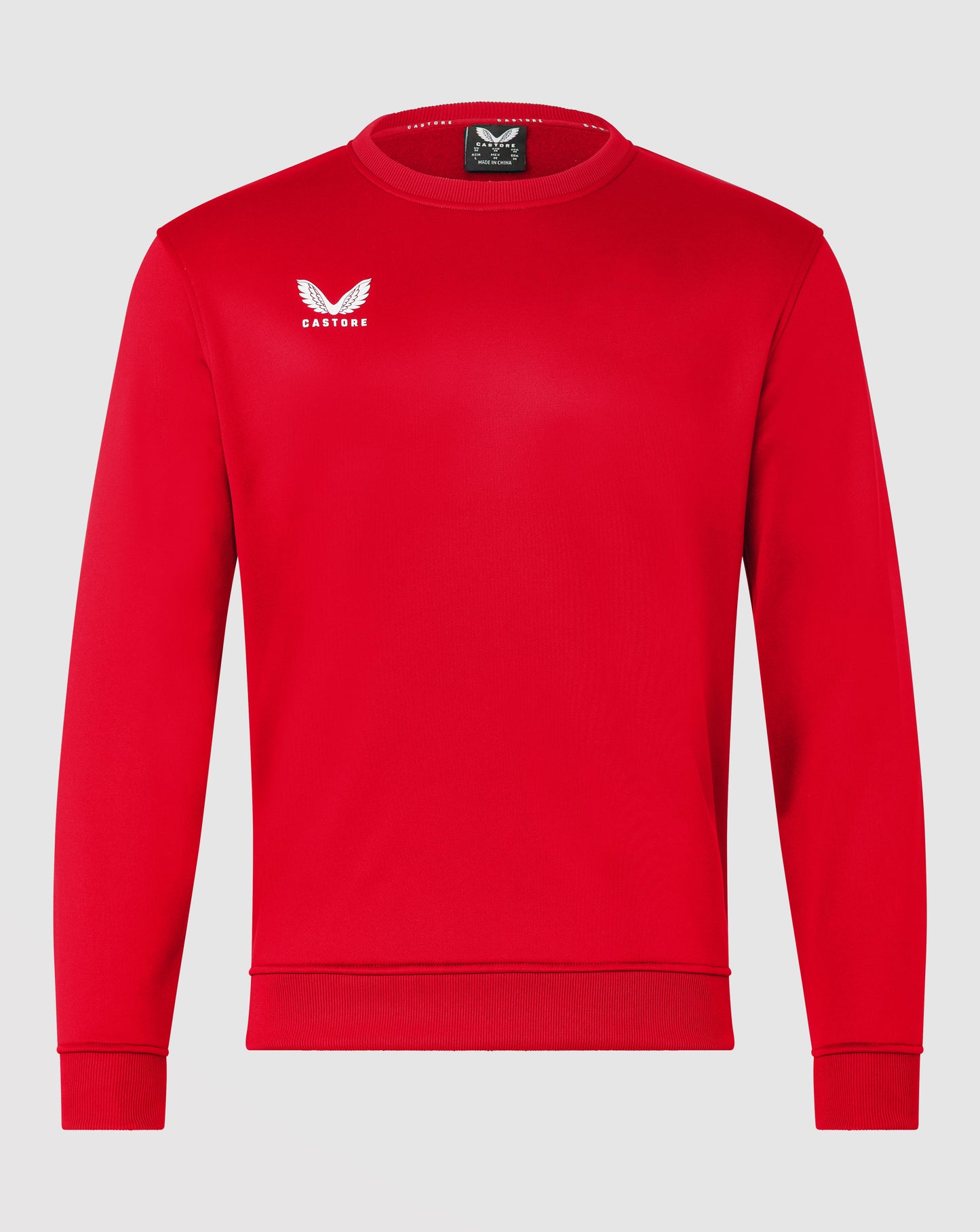 Red Mens Brushback Sweatshirt with white Castore wing logo on the left chest and ribbed cuffs