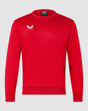 Red Mens Brushback Sweatshirt with white Castore wing logo on the left chest and ribbed cuffs