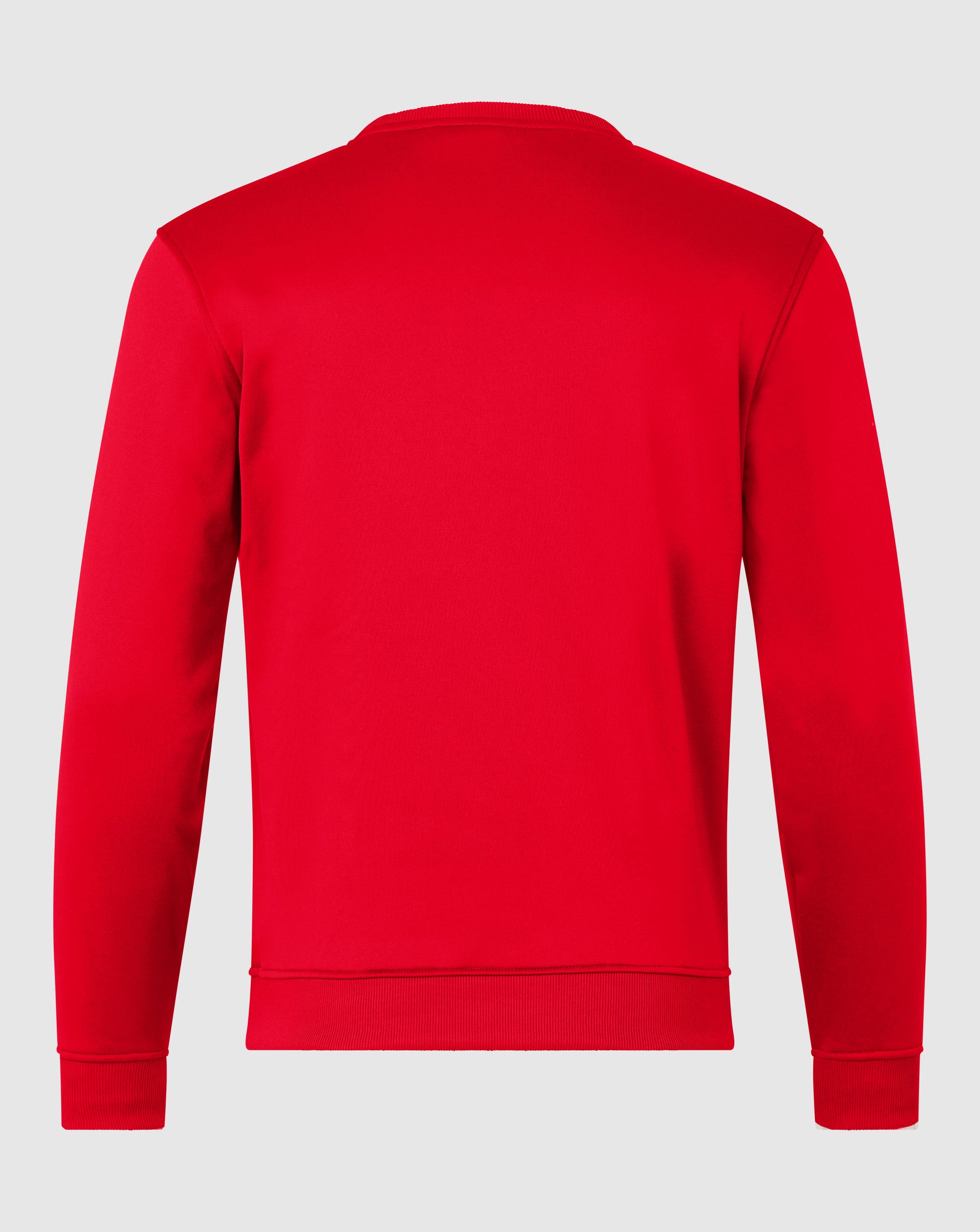 Back view of bright red men's brushback sweatshirt with ribbed hem and cuffs