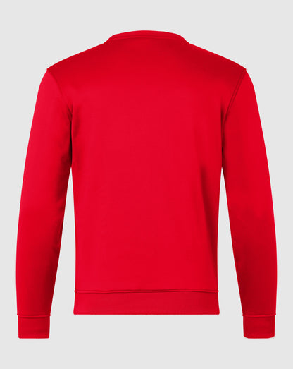 Back view of bright red men's brushback sweatshirt with ribbed hem and cuffs