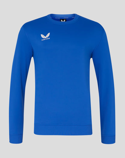 Blue men's brushback crewneck sweatshirt with white Castore wing logo on the left chest