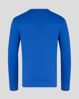 Back view of blue brushback sweatshirt with ribbed crewneck and hem