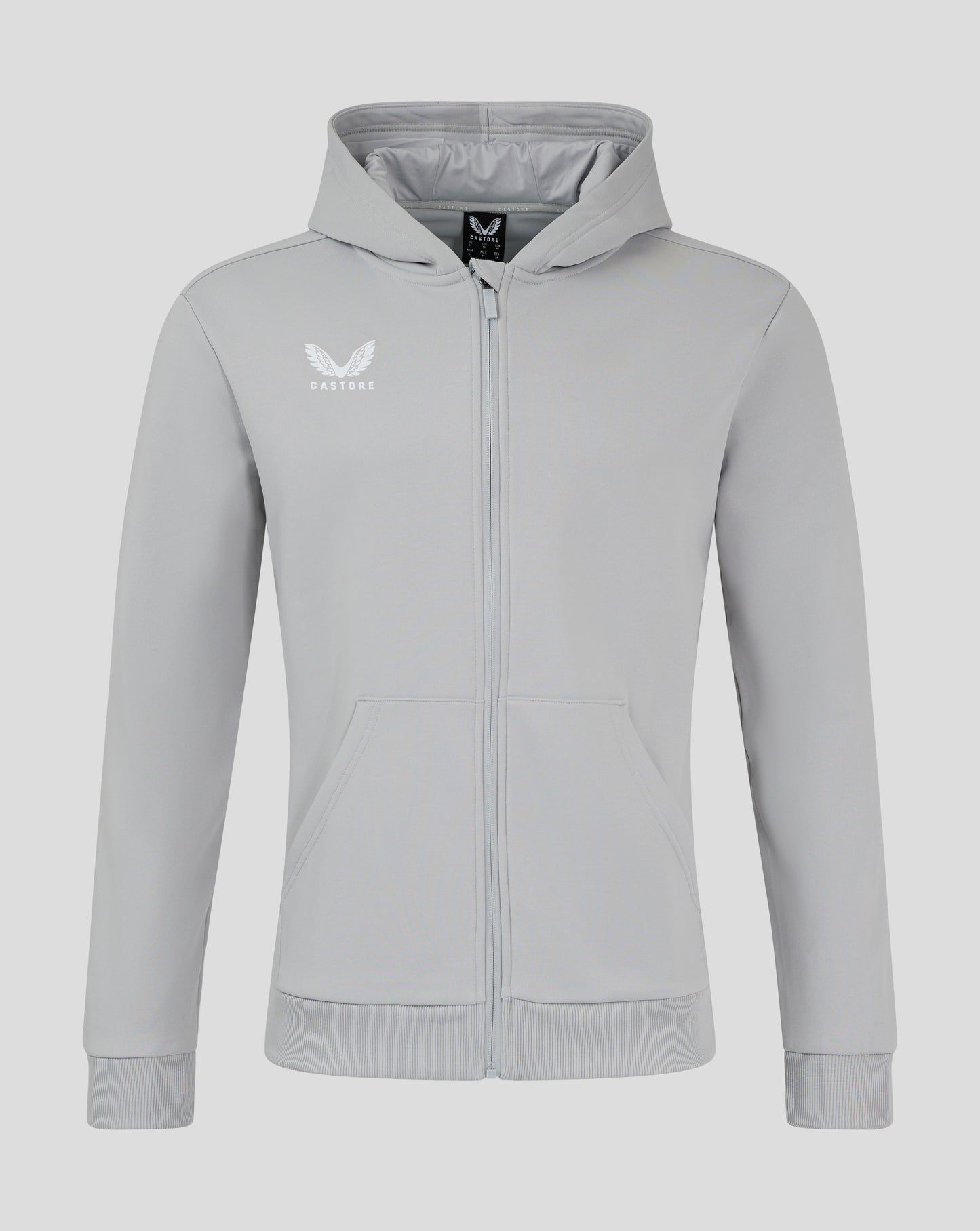 Light gray Castore hoodie with full zip and hood, logo on left chest.