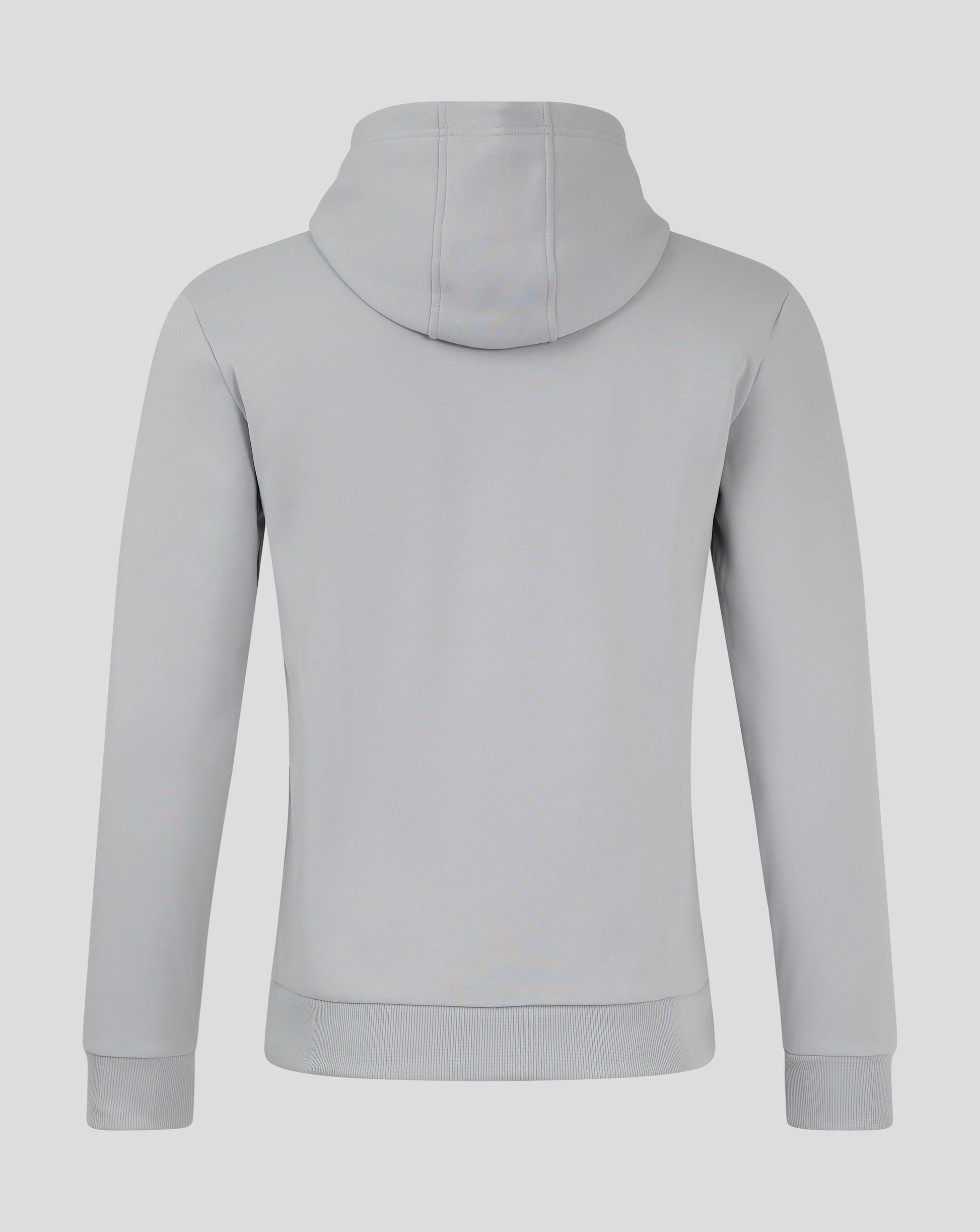 Back view of light gray men's hooded sweatshirt with attached hood and ribbed hem