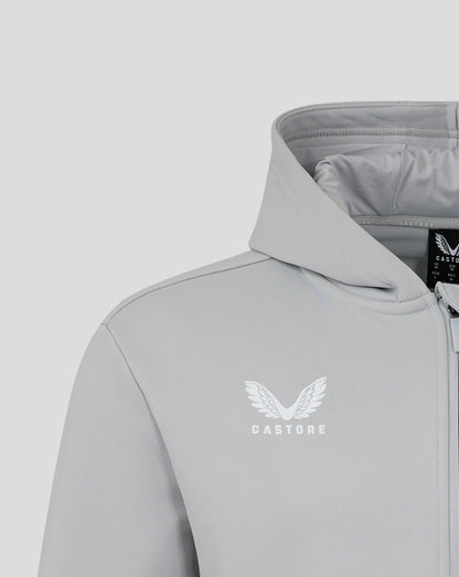 Close up of hood interior and zipper on a light gray Castore hoodie showing jersey lining.