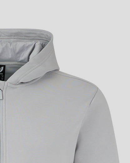 Front view of light gray Castore hoodie with winged logo on the chest and full zipper.