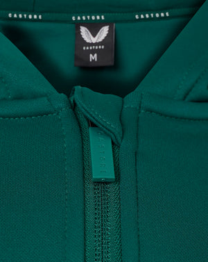 Teal green hoodie close up showing front zipper and Castore logo on chest