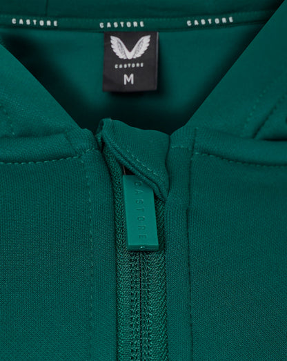 Teal green hoodie close up showing front zipper and Castore logo on chest