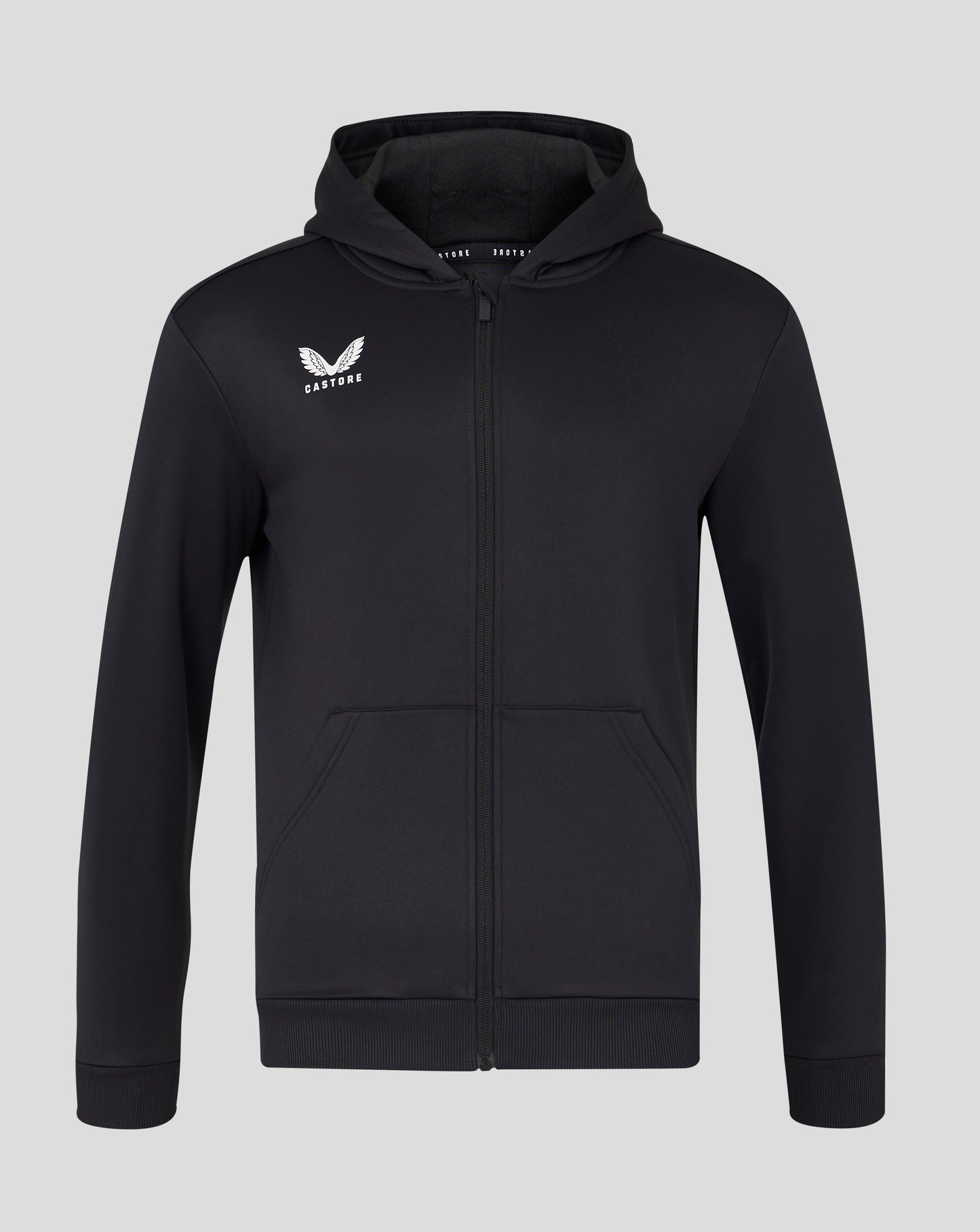 Front view of men's black full zip hoodie with hood up and Castore logo on left chest