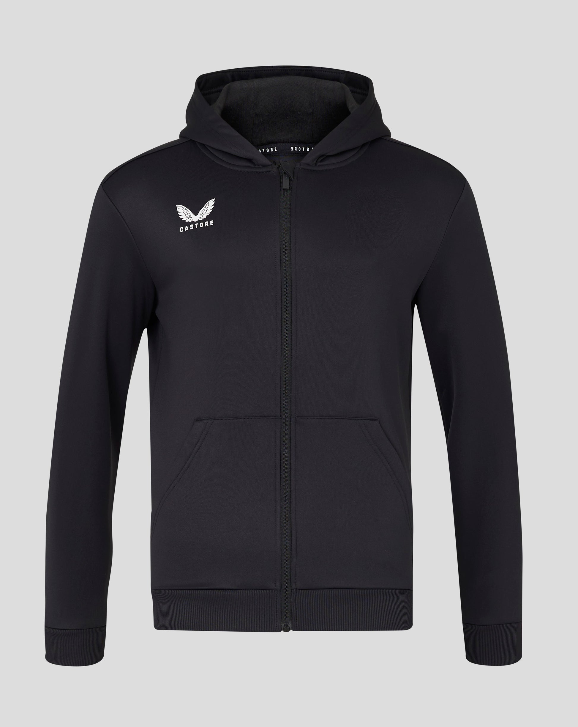 Front view of men's black full zip hoodie with hood up and Castore logo on left chest