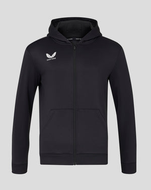 Front view of men's black full zip hoodie with hood up and Castore logo on left chest