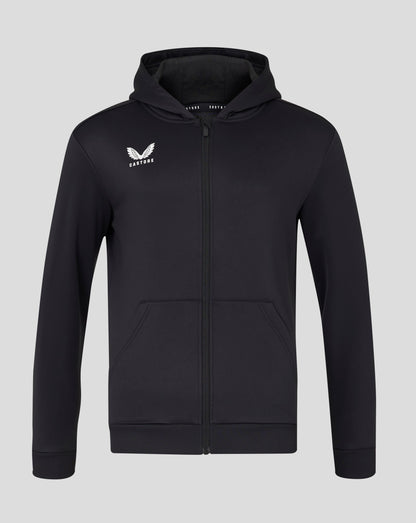 Front view of men's black full zip hoodie with hood up and Castore logo on left chest