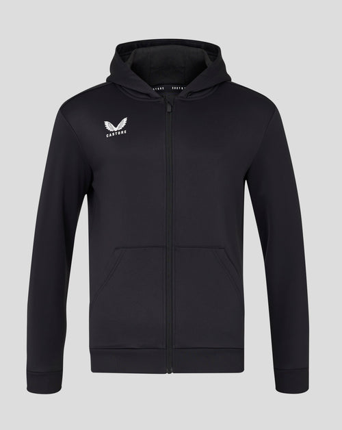 Front view of men's black full zip hoodie with hood up and Castore logo on left chest