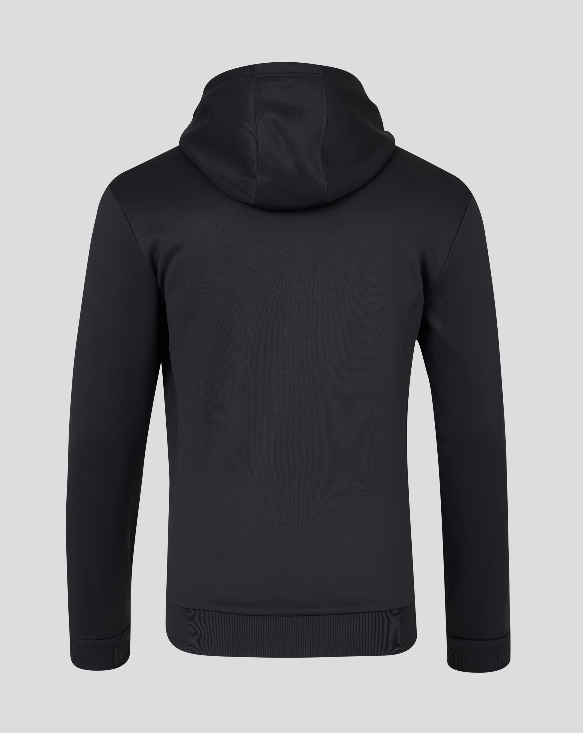 Back view of black zip hoodie with hood down and visible shoulder seams