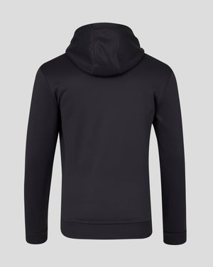 Back view of black zip hoodie with hood down and visible shoulder seams