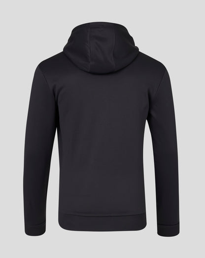 Back view of black zip hoodie with hood down and visible shoulder seams