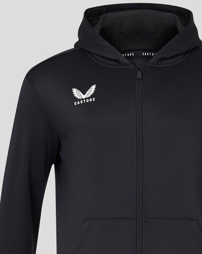 Close up of upper back neck area on black hooded sweatshirt with hood resting