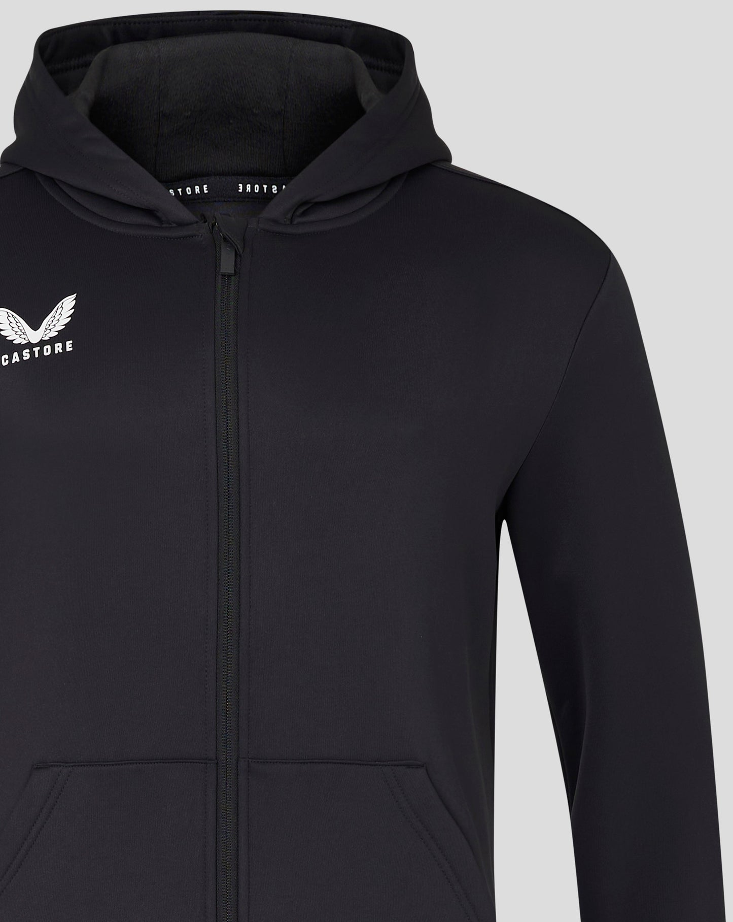 Black brushback hoodie with zip front hood up and Castore logo on the chest