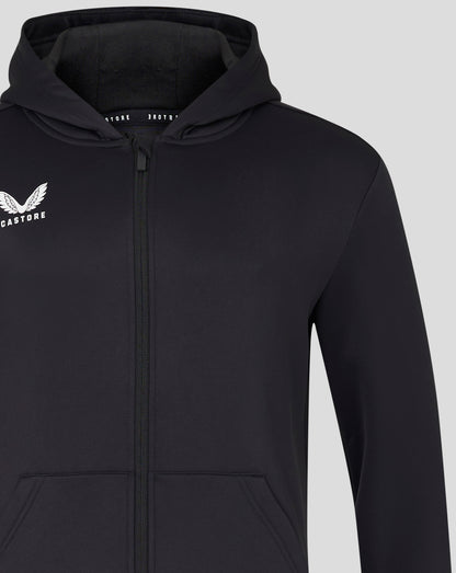 Black brushback hoodie with zip front hood up and Castore logo on the chest