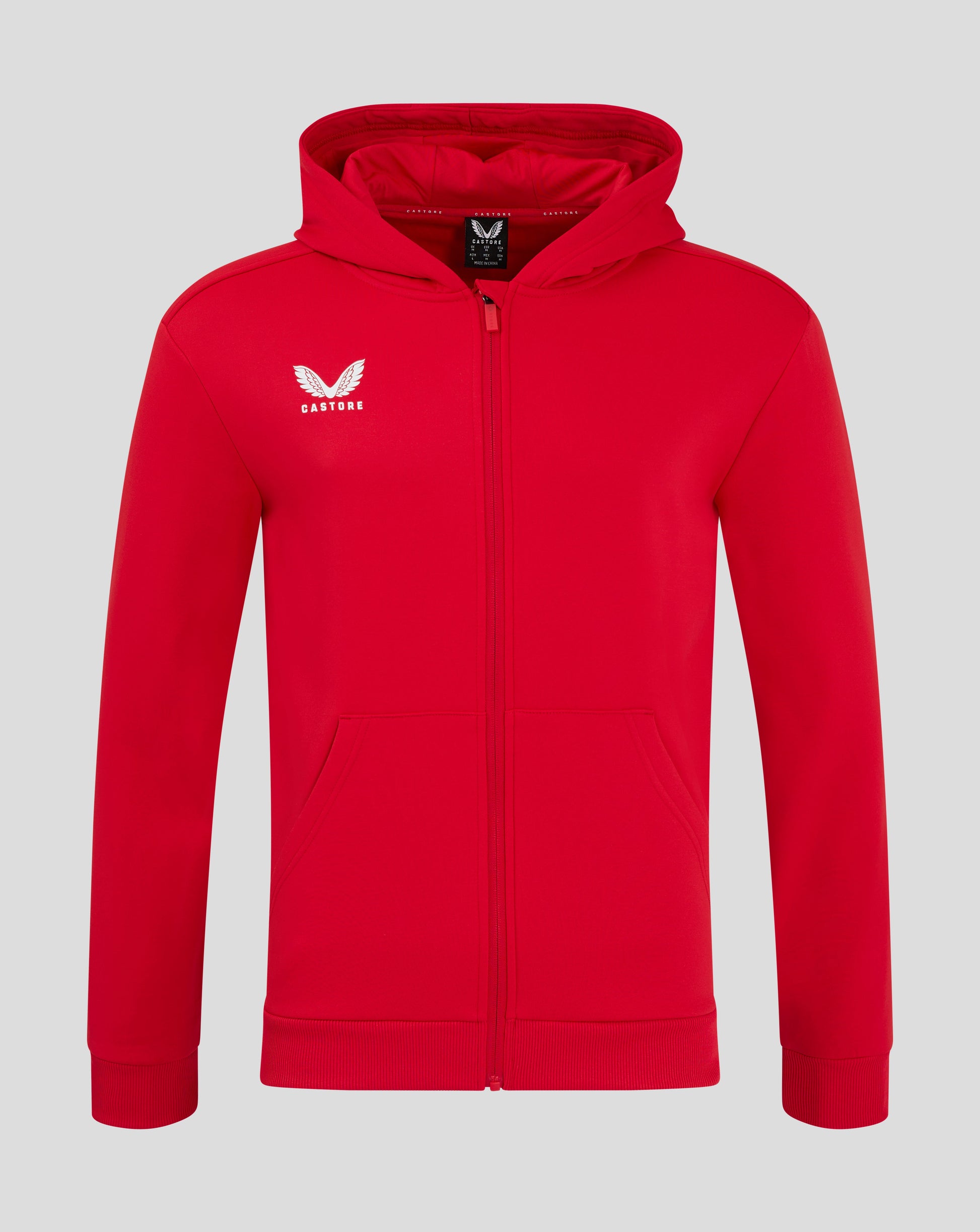 Bright red full zip hoodie with hood and Castore logo on left chest