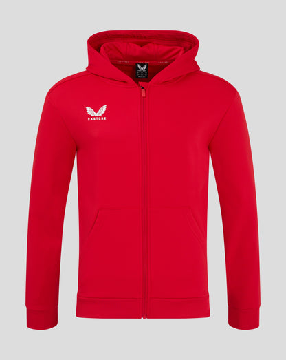 Bright red full zip hoodie with hood and Castore logo on left chest