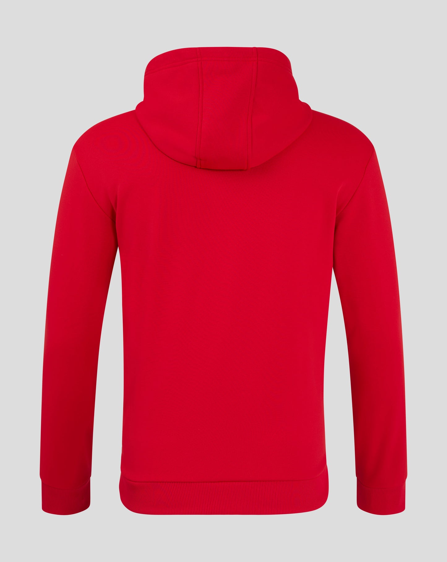 Rear view of red brushback hoodie with hood up