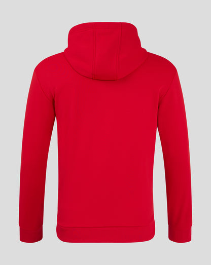Rear view of red brushback hoodie with hood up