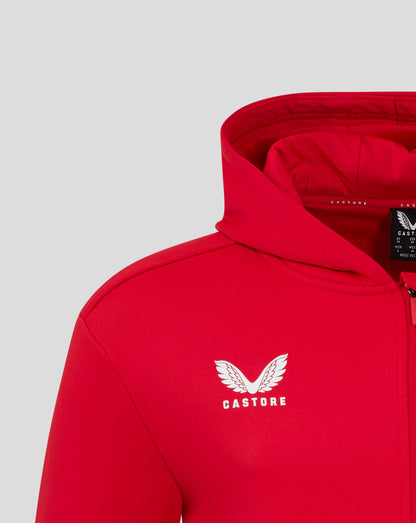 Close-up of red Castore hoodie hood with visible stitching and logo tag
